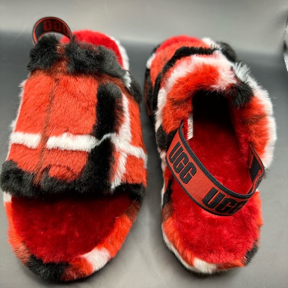 UGG Fluff Yeah Slide Red Tartan Plaid Plush Strap Back Slippers Sandals US 4 - Picture 8 of 11